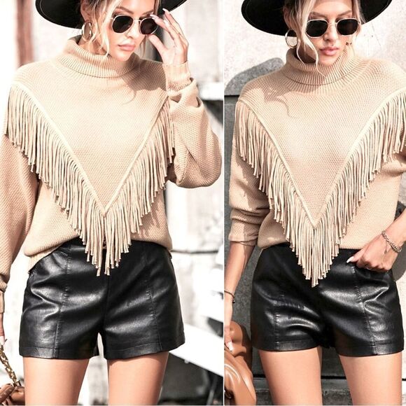 Grace + Karma Light Tan Fringe Front Pullover Turtleneck Neutral Sweater NEW - Picture 1 of 14